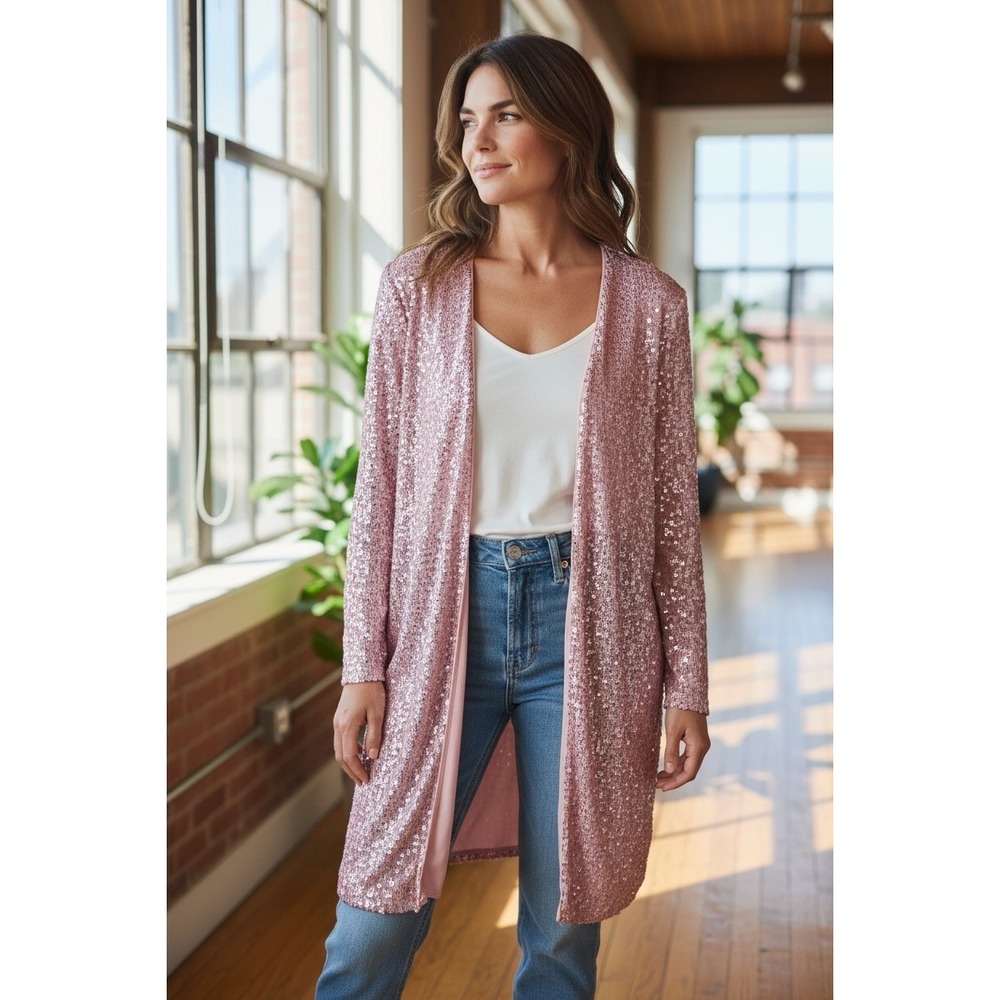 Women's Pink Sequin Open Front Duster Cardigan Long Sleeve Sparkle Jacket